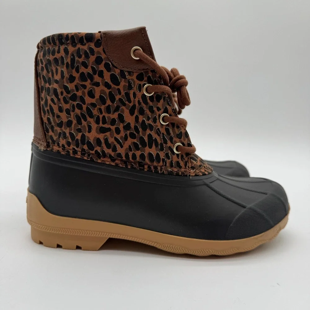 Sperry Women's 3M Leopard Print Duck Boots Brown Black Waterproof Rain Boots